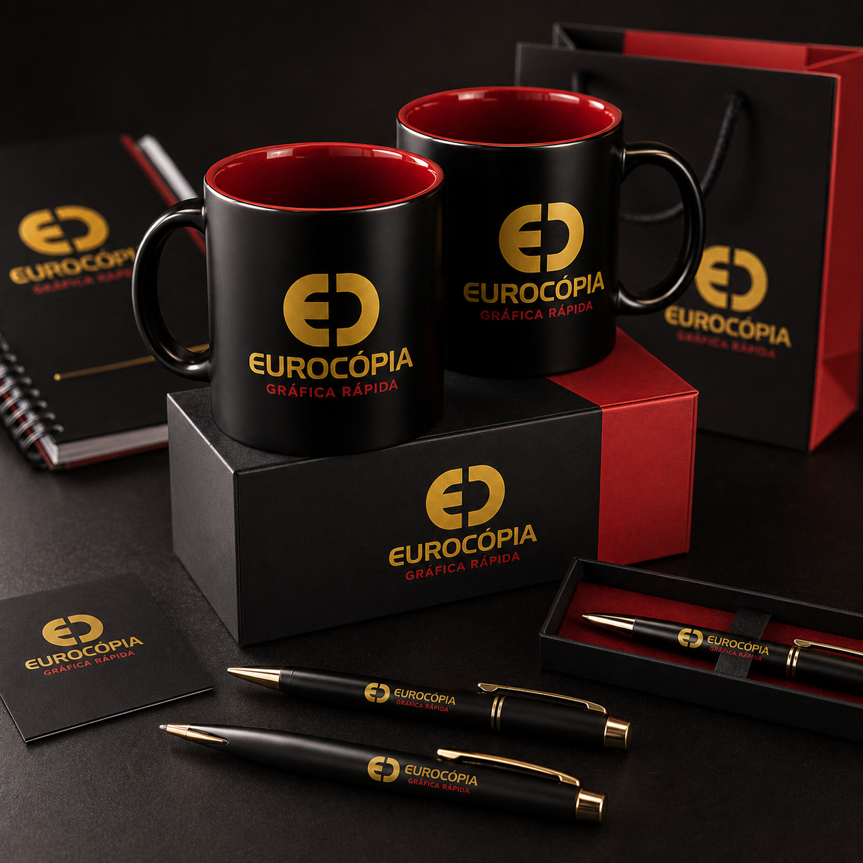 Mockup premium de canecas e canetas personalizadas da Eurocópia